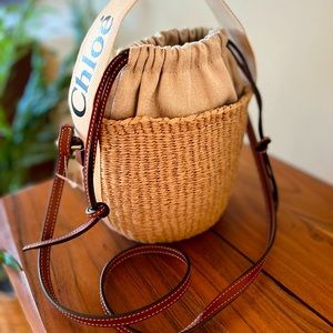 Chloe Woody Raffia Small Basket Hand Bag Shoulder Bag Beige Brown